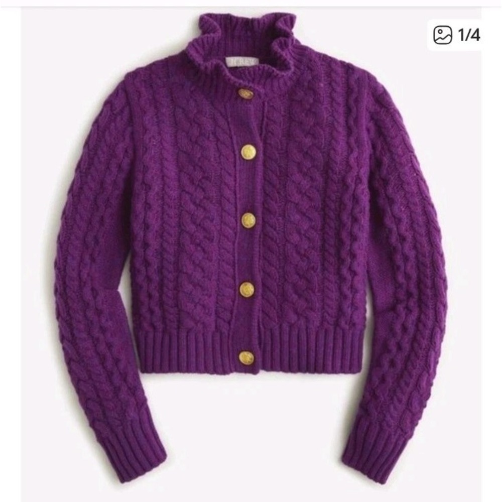 NWT J.Crew Chunky Cable Knit Ruffleneck Cardigan‎ Sweater Sz Medium Grape Purple